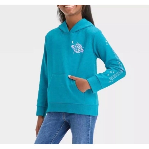 ️Cat & Jack Girls' Fleece Pullover Hoodie - Teal Blue M Size 8 - Picture 1 of 4